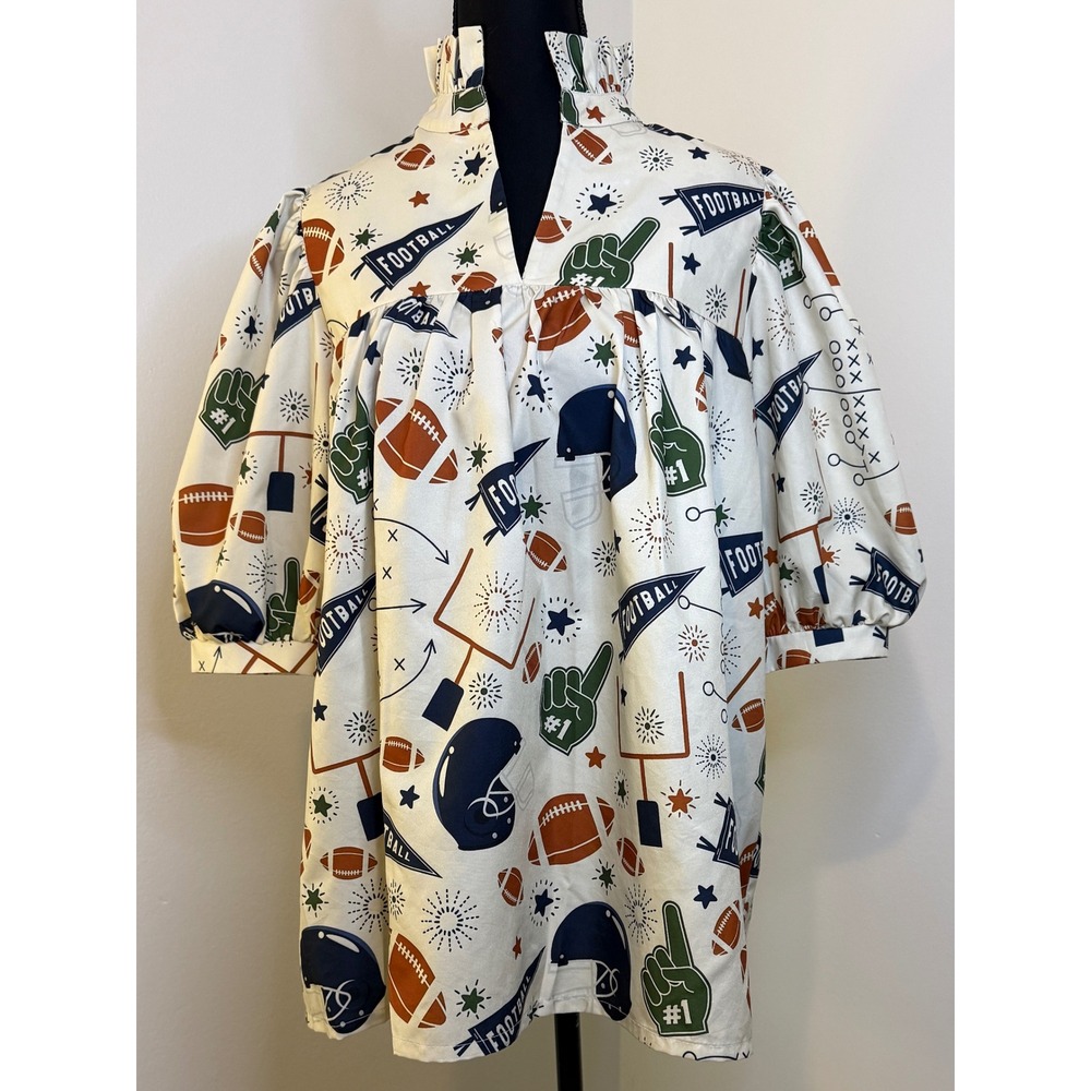 Womens Football Print Ruffle Neck Puff Sleeve Babydoll Tunic Top White Medium